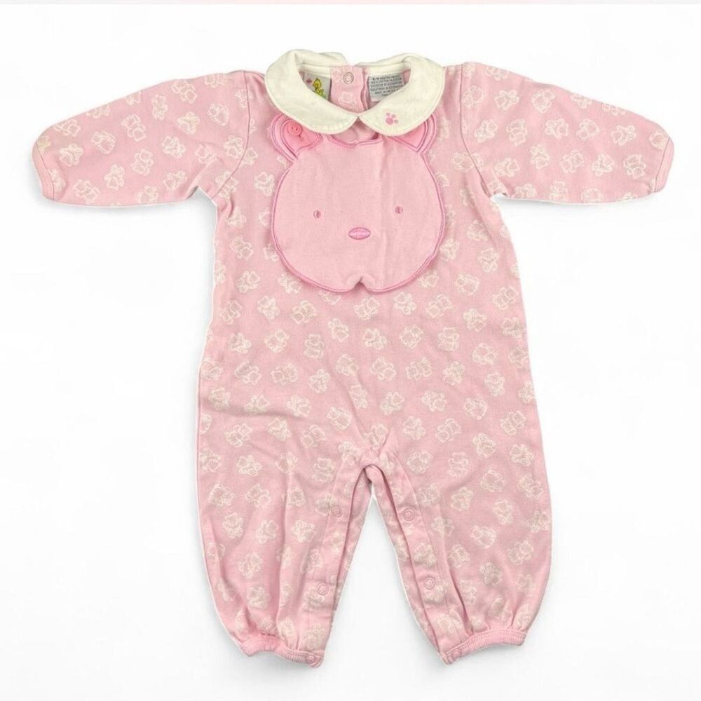 Vintage Sesame Street Pink & white teddy bear romper w/button-on bib